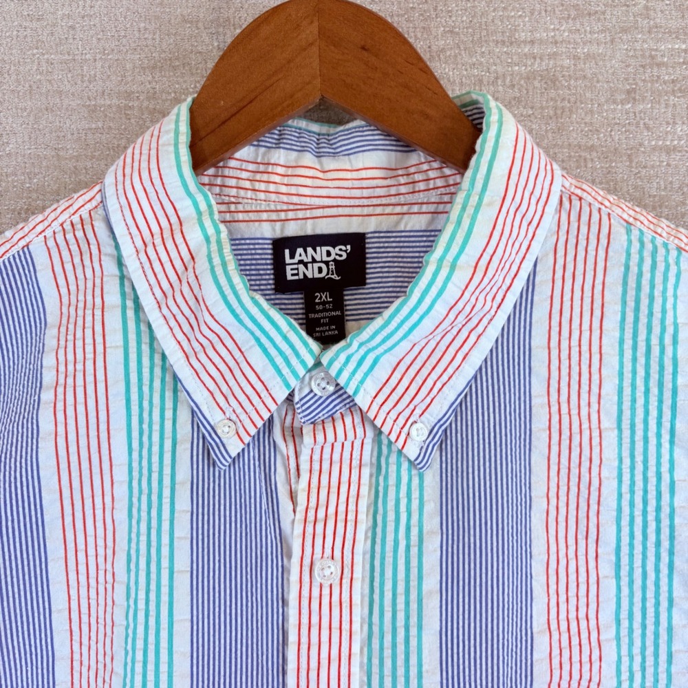 Lands End Mens Traditional Fit Short Sleeve Seersucker Striped Shirt 2XL 523386